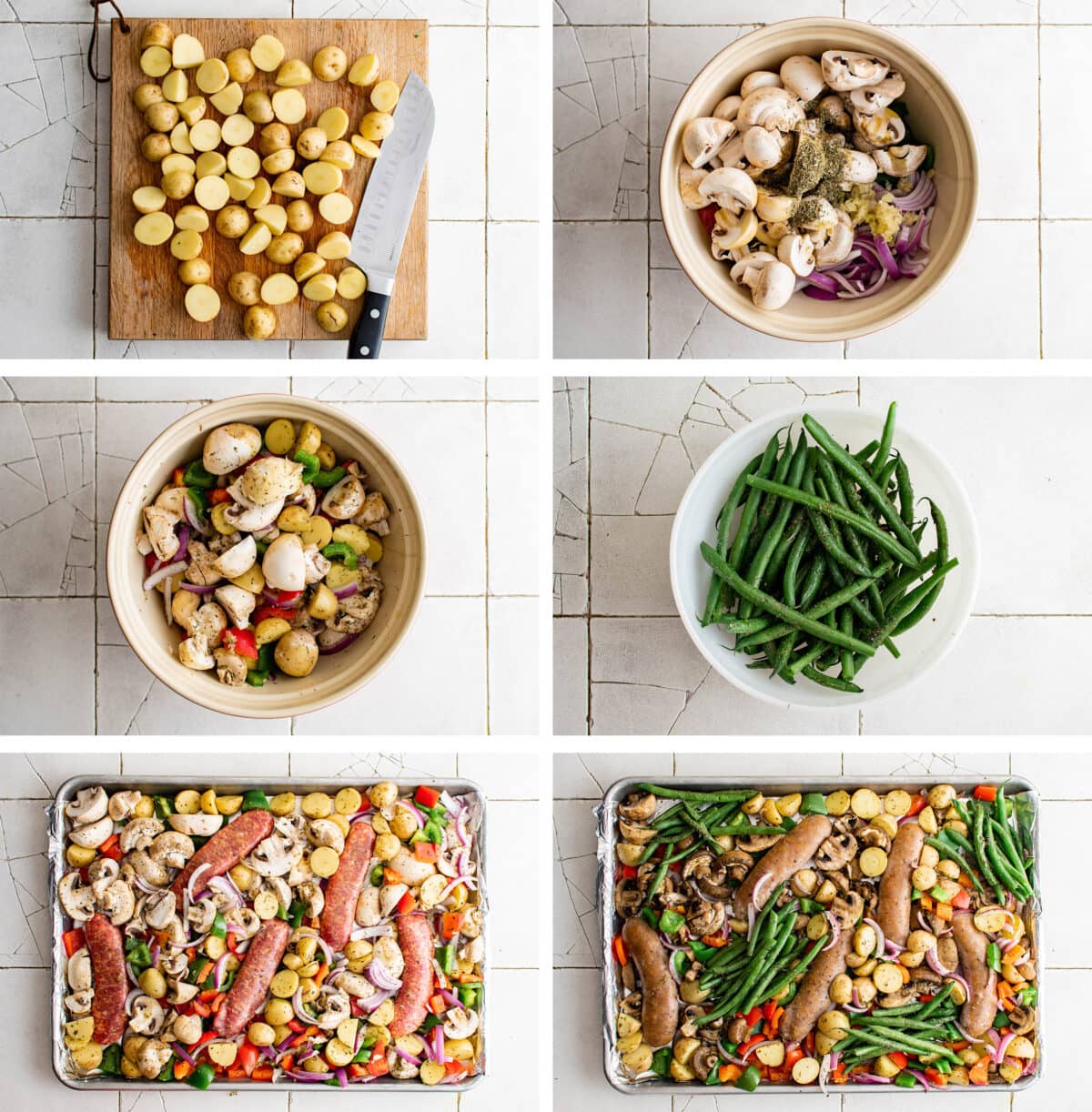 collage of images showing how to make sausage and veggies on a sheet pan
