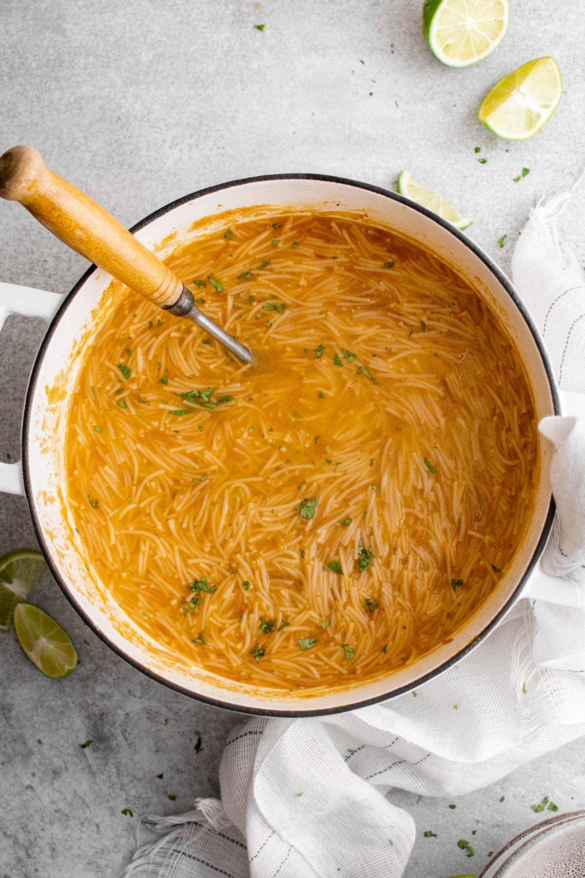 white soup pot filled with sopa de fideo