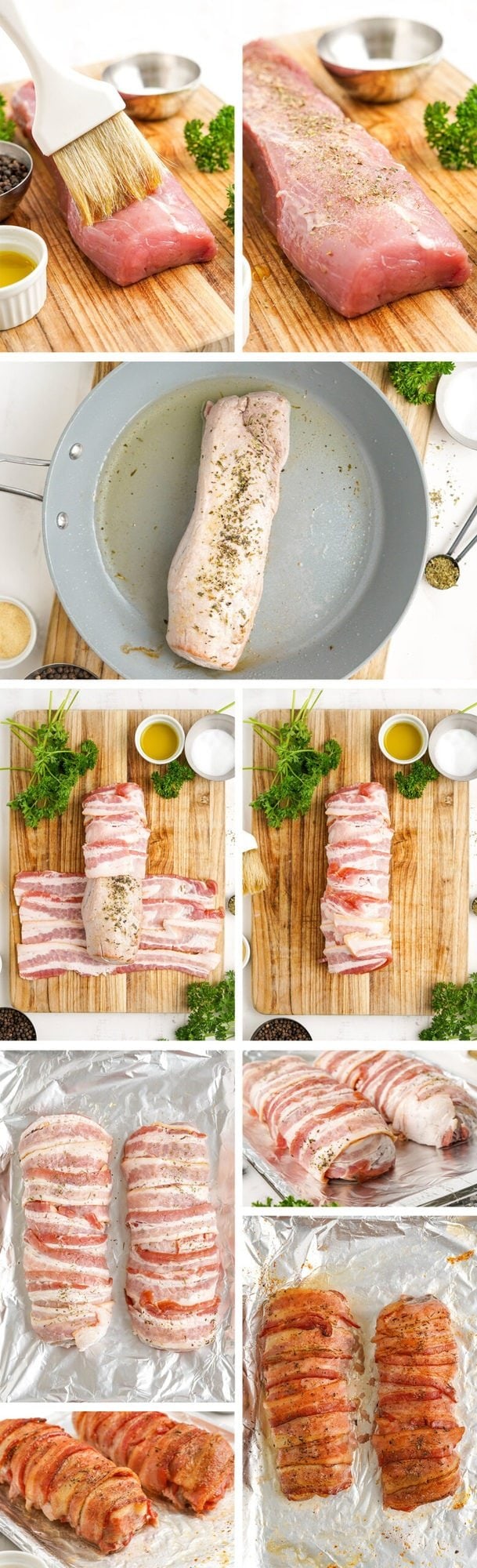 collage of images showing how to prepare and wrap a bacon wrapped pork tenderloin