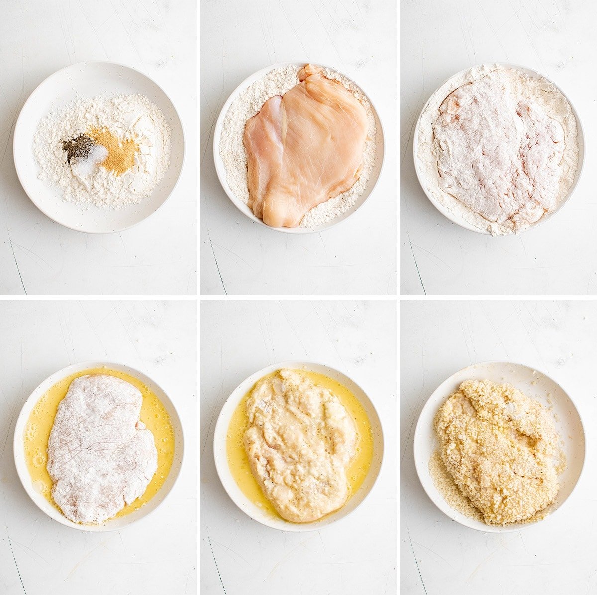 collage of images showing how to bread chicken