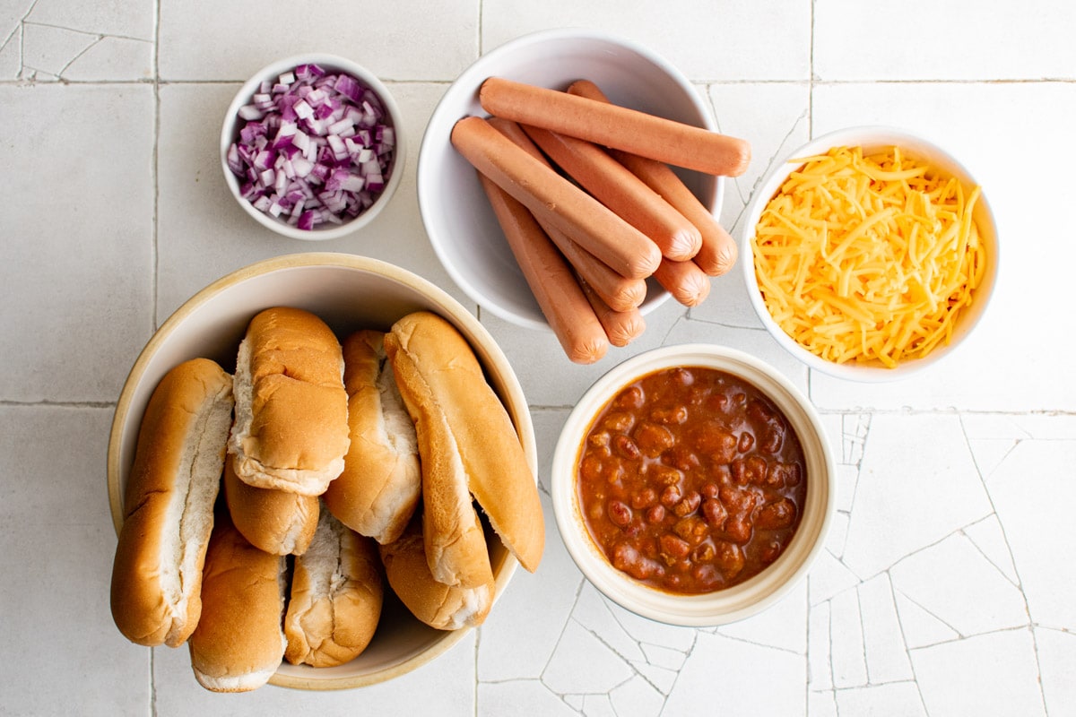 ingredients for chili cheese hot dogs