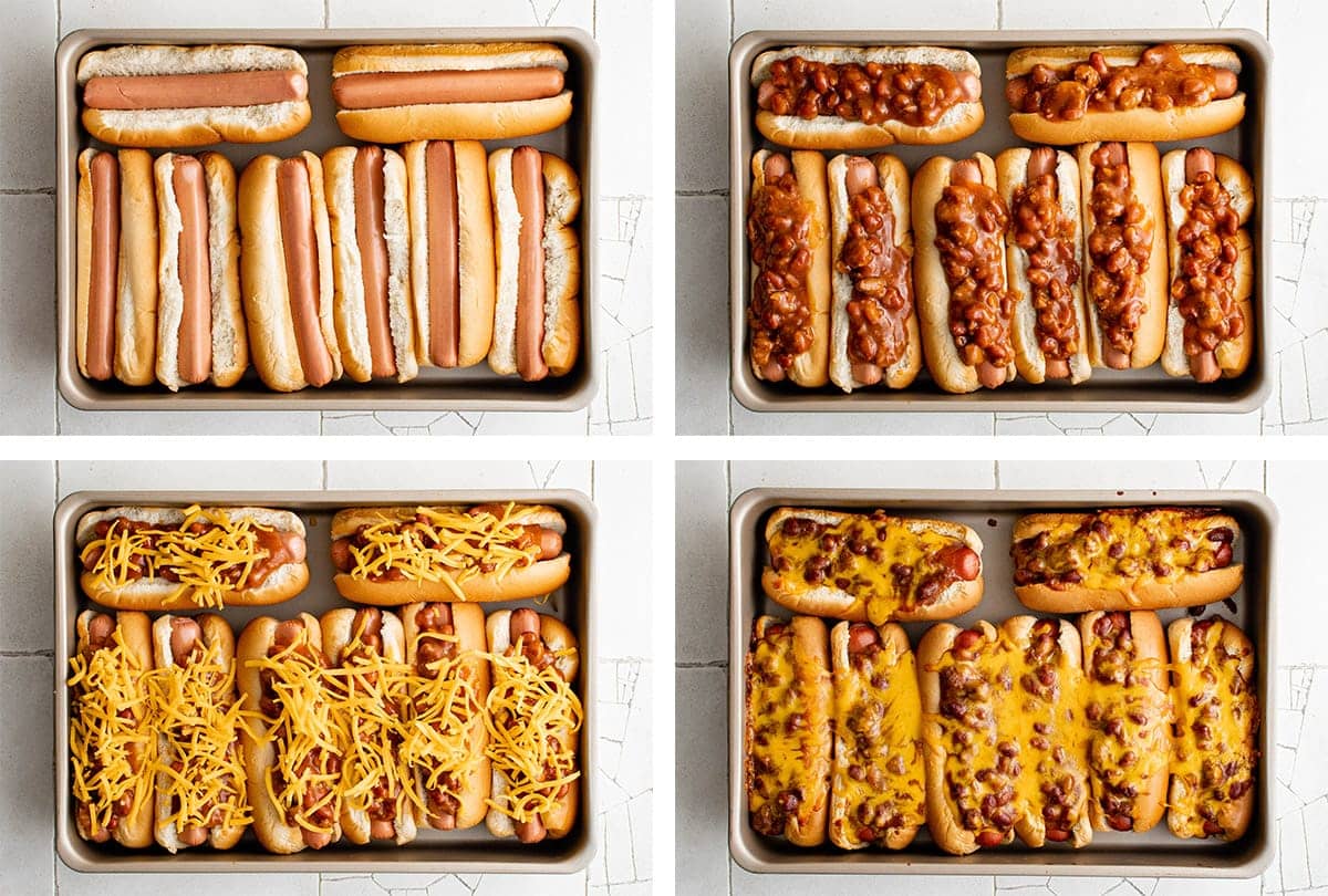 collage of images showing hoe to make baked chili dogs