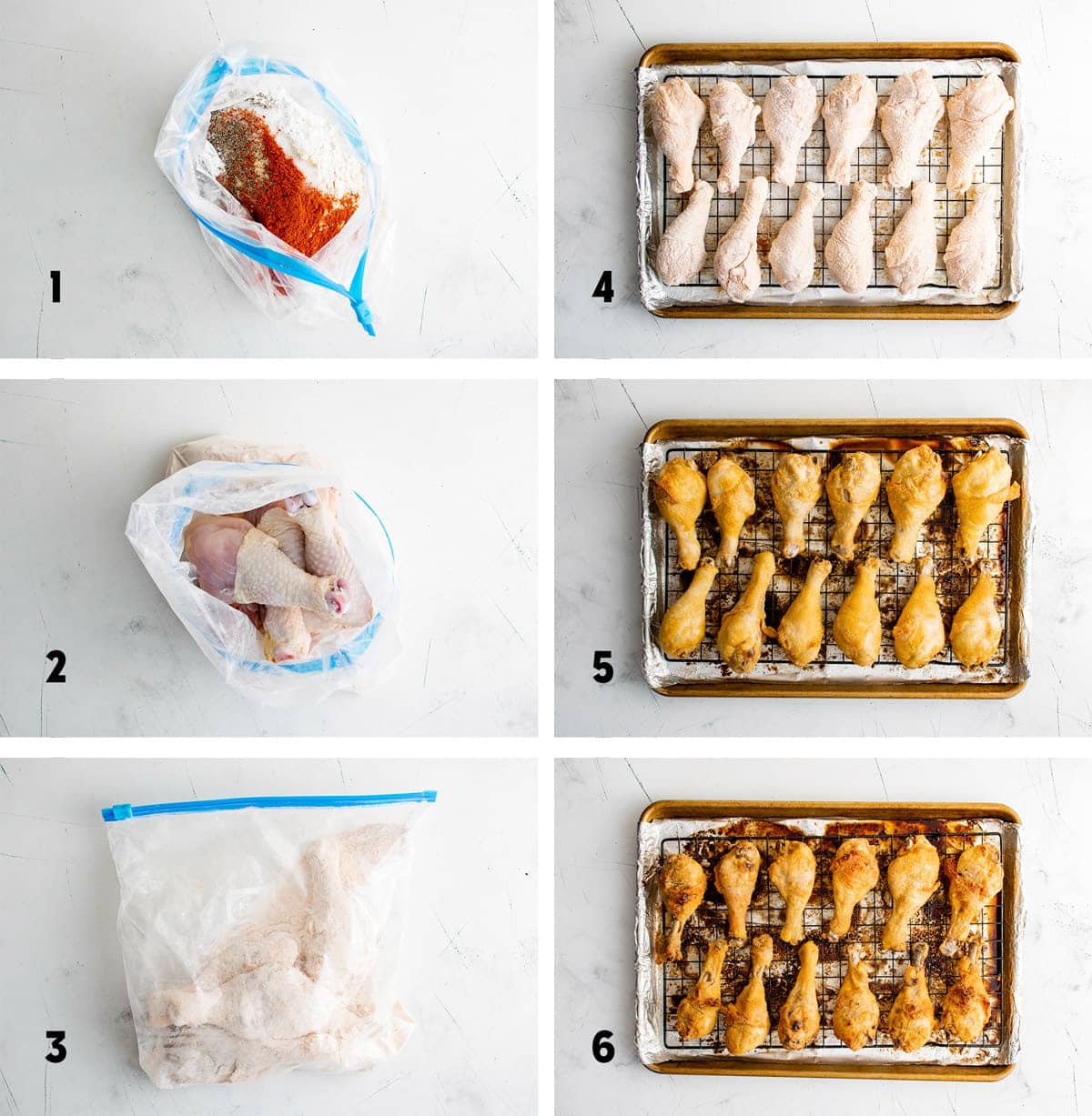 collage of images showing how to make crispy oven baked chicken drumsticks