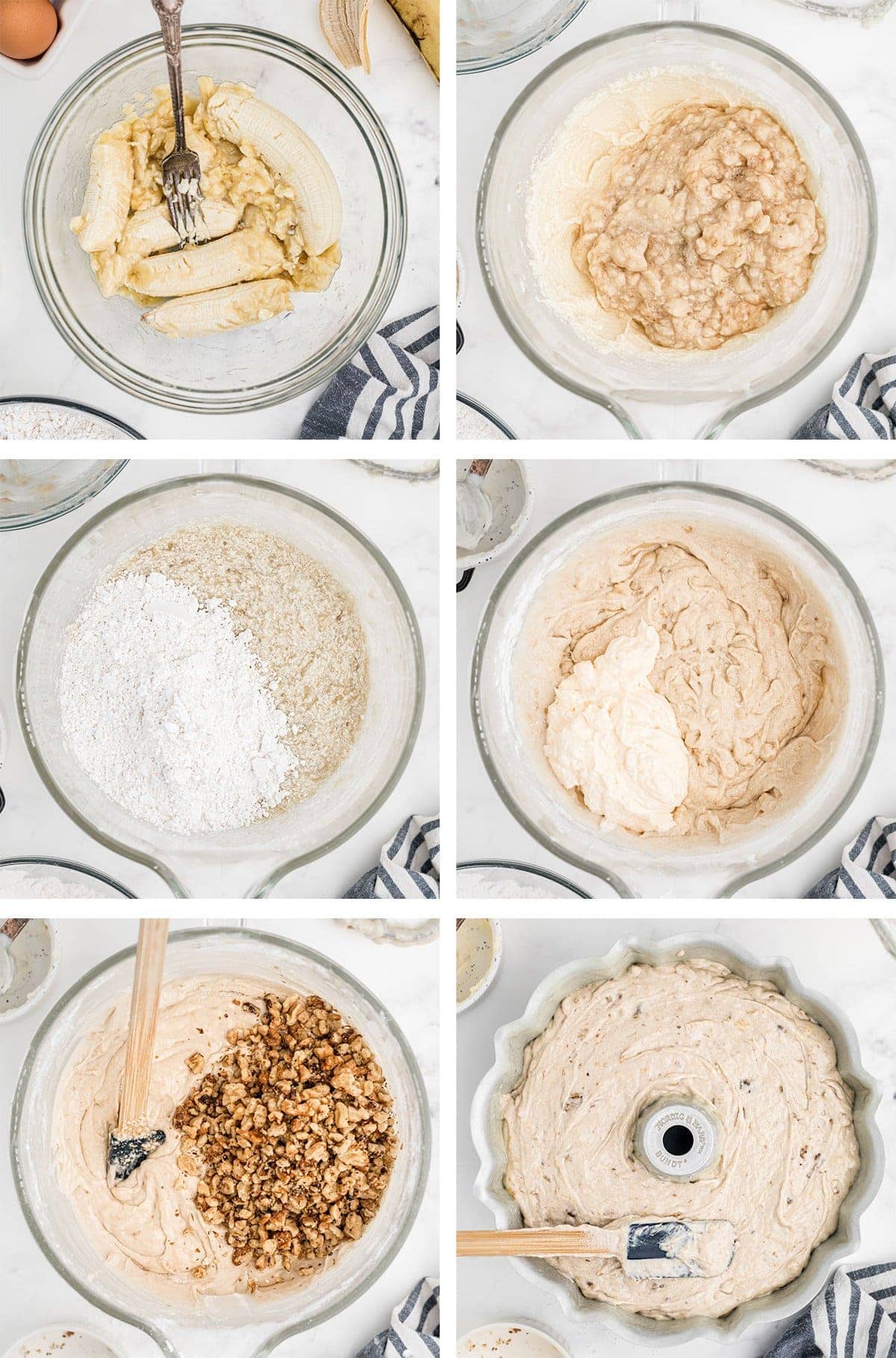 collage of images showing how to make a banana bundt cake