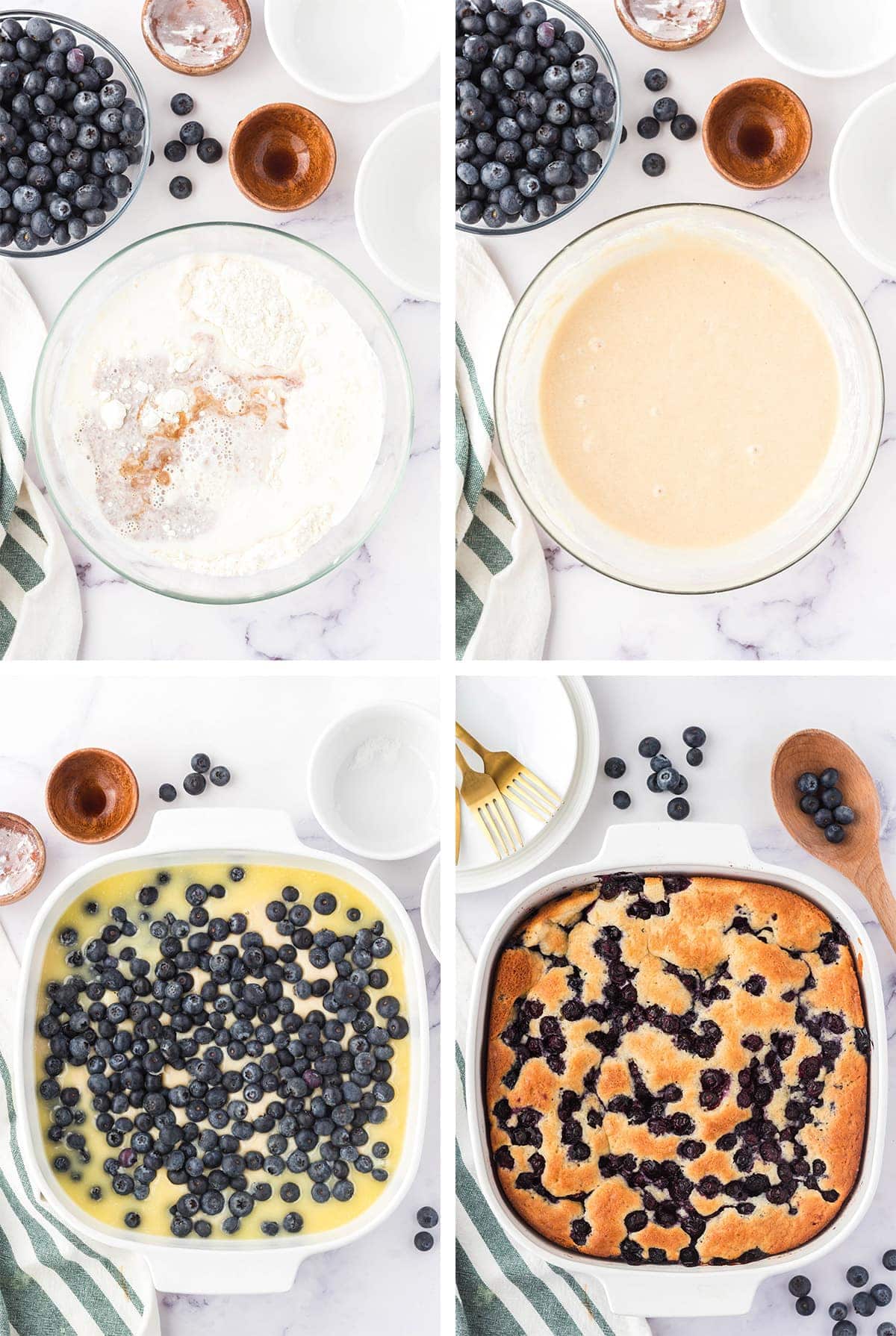 collage of images depicting some of the stepd for making blueberry cobbler. 