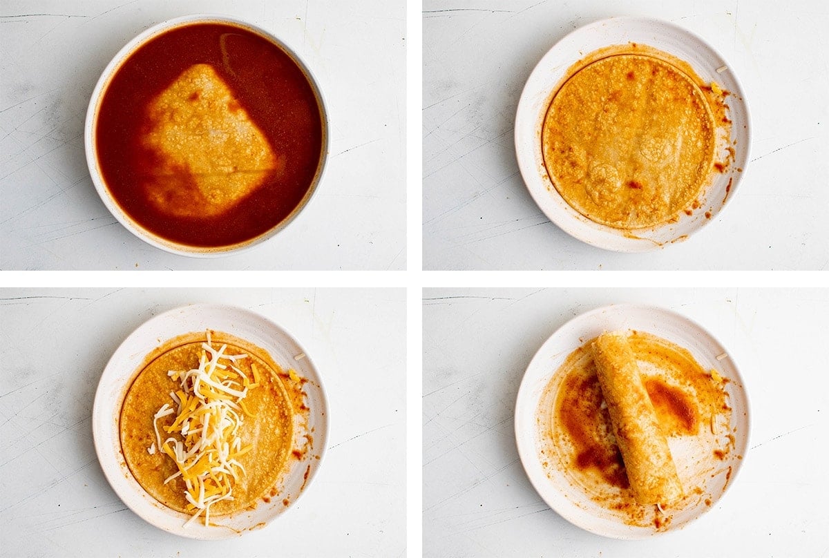 collage of images showing how to roll tortillas for enchilads