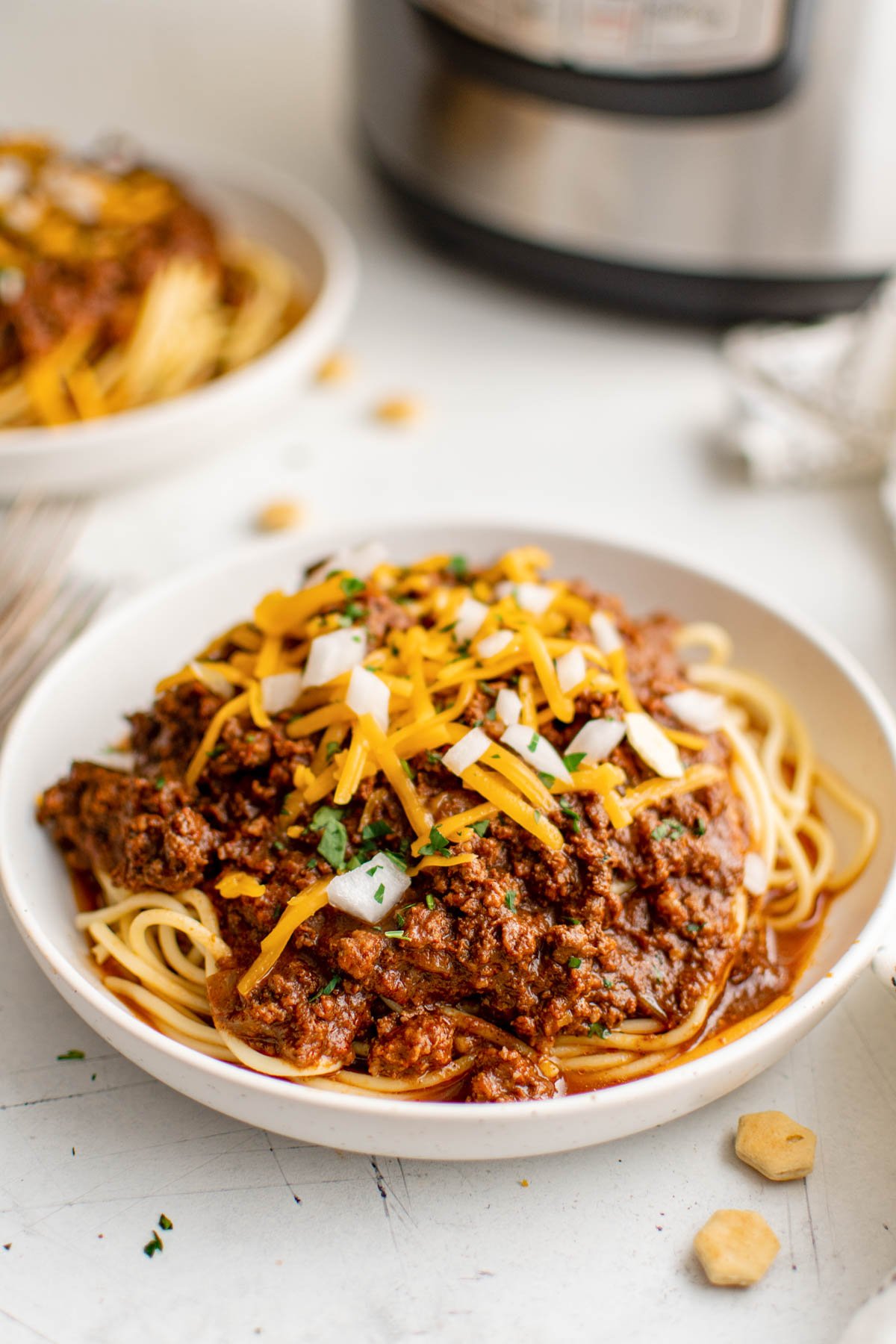 plate of spaghetti with cincinnati chili sauce