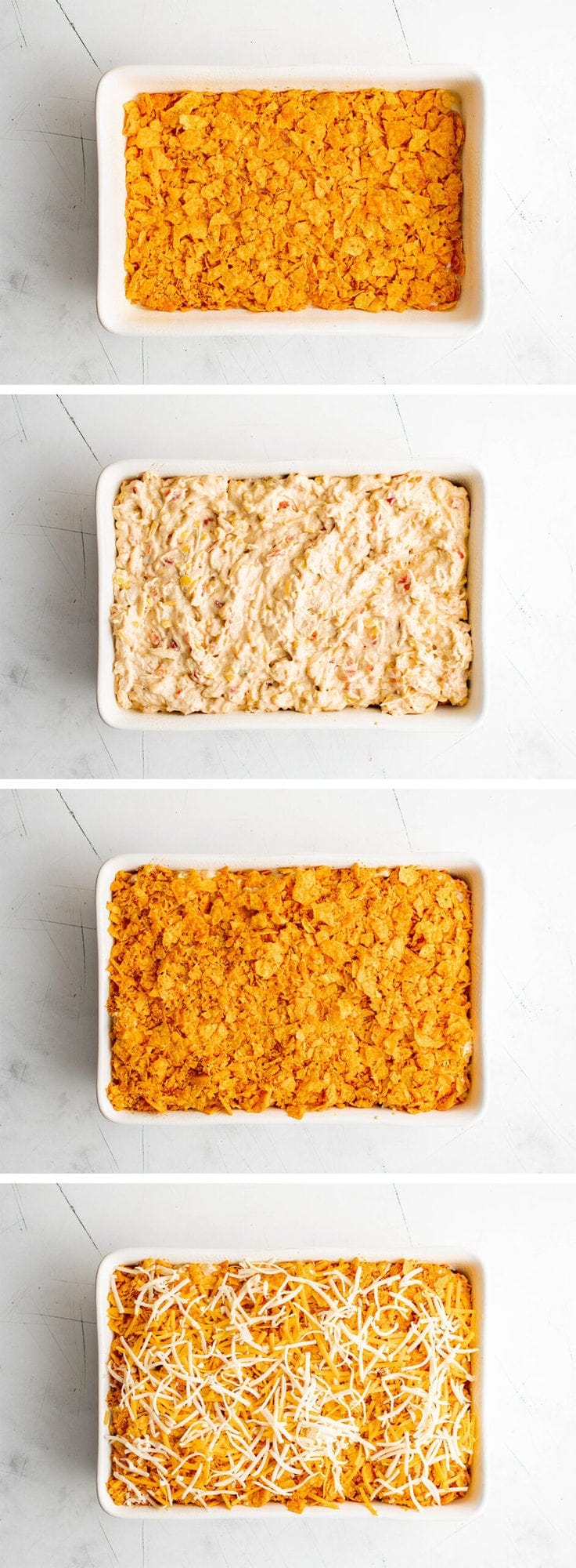 collage of images showing how to layer a chicken casserole with doritos