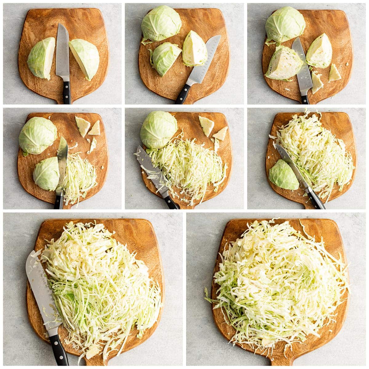 collage of images showing how to shred cabbage