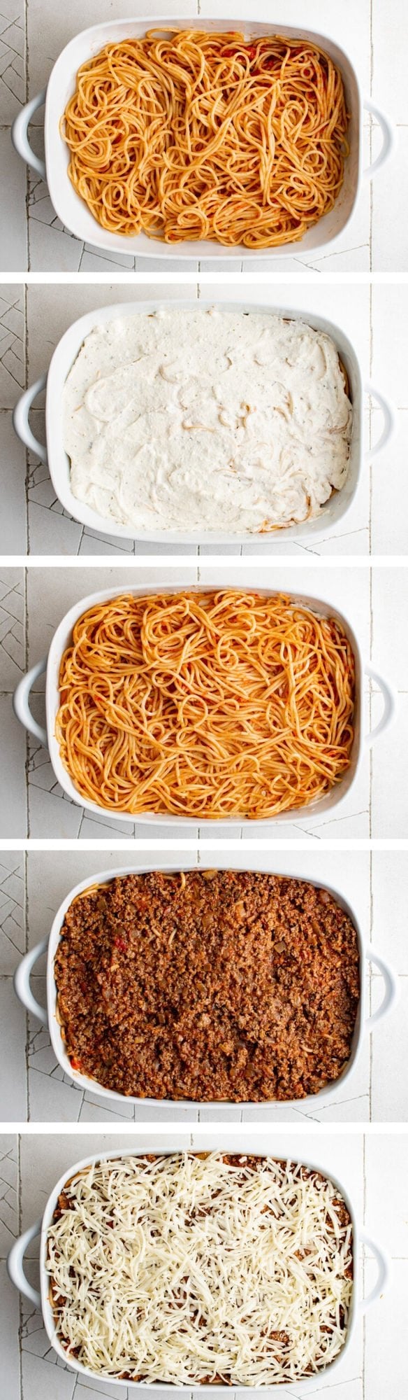 collage of images showing layers of spaghetti casserole