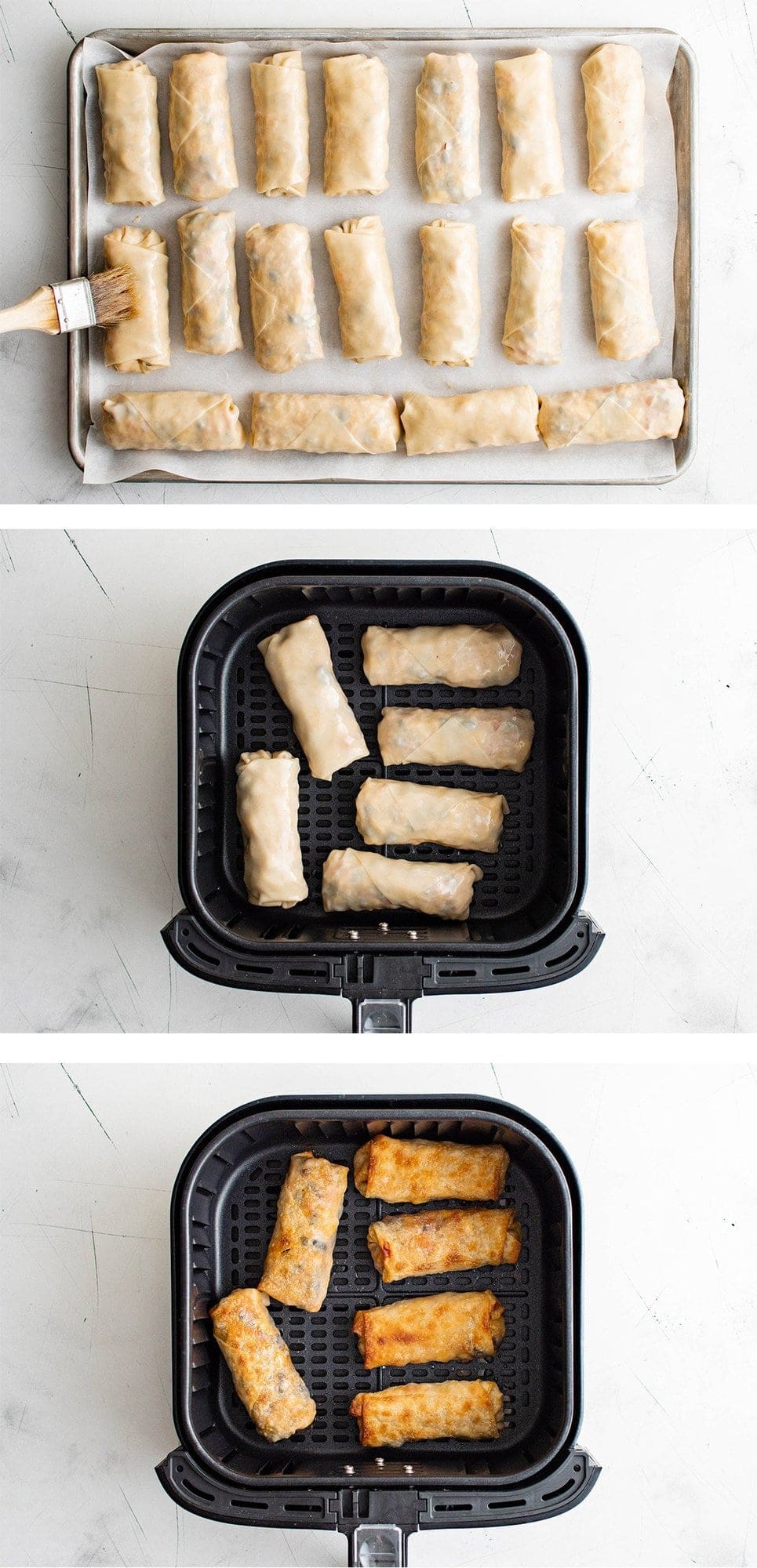 brushing egg rolls with egg wash, then placing in air fryer basket