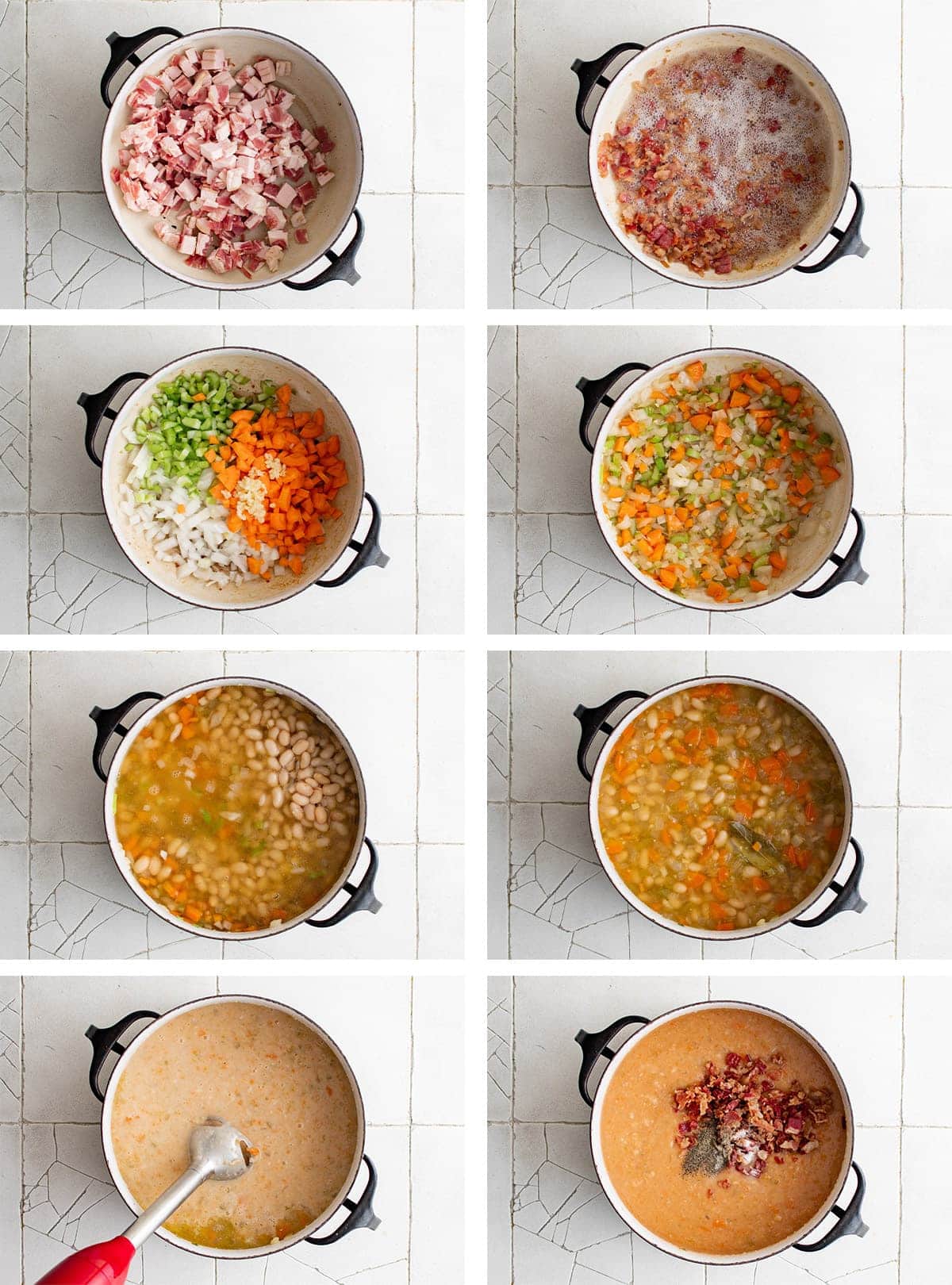 collage of images showing how to make bacon and bean soup
