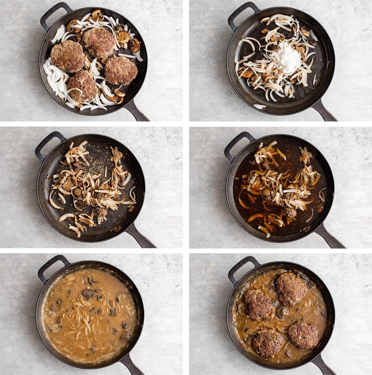 collage of images showing how to make chopped steaks and gravy