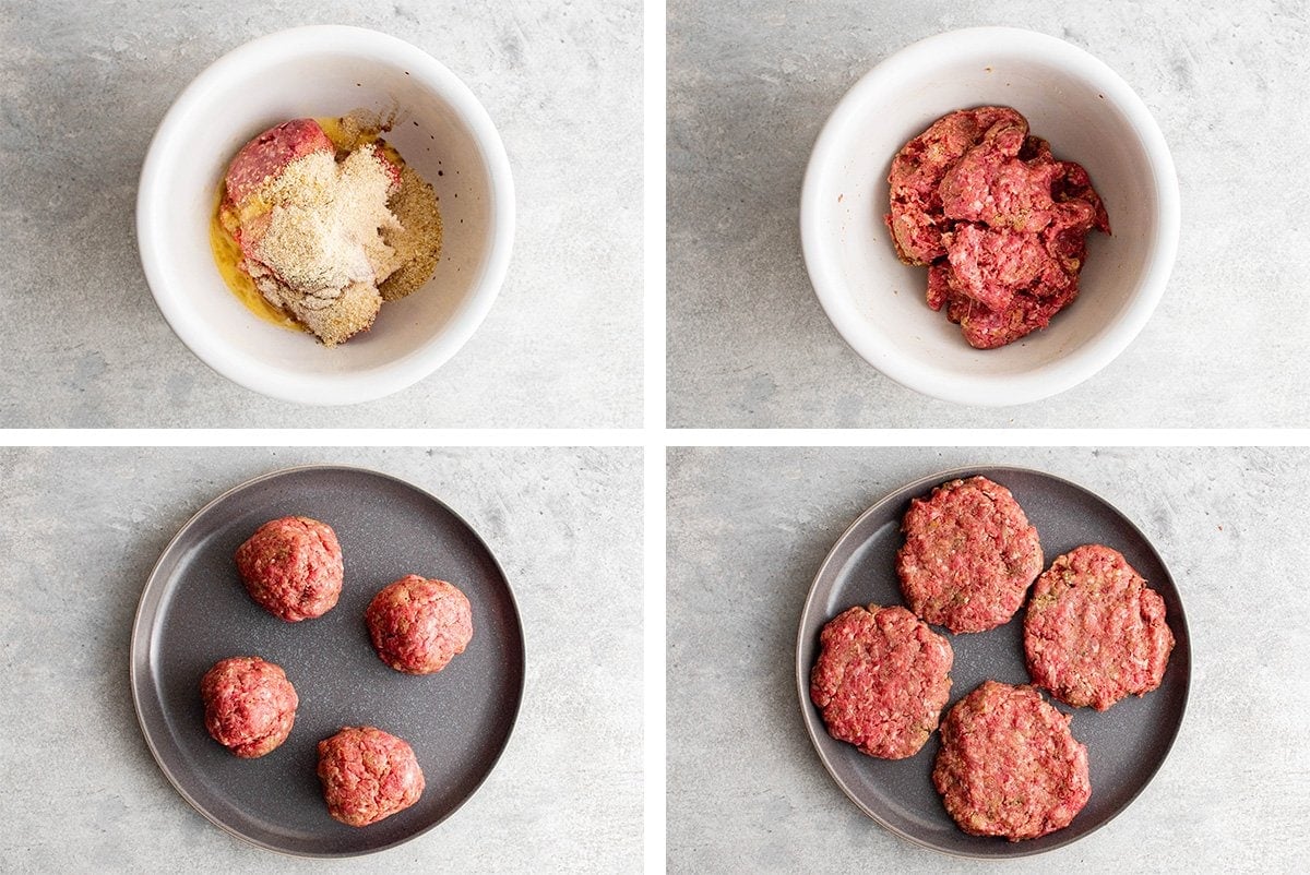 collage of images showing how to mix and form the steak patties