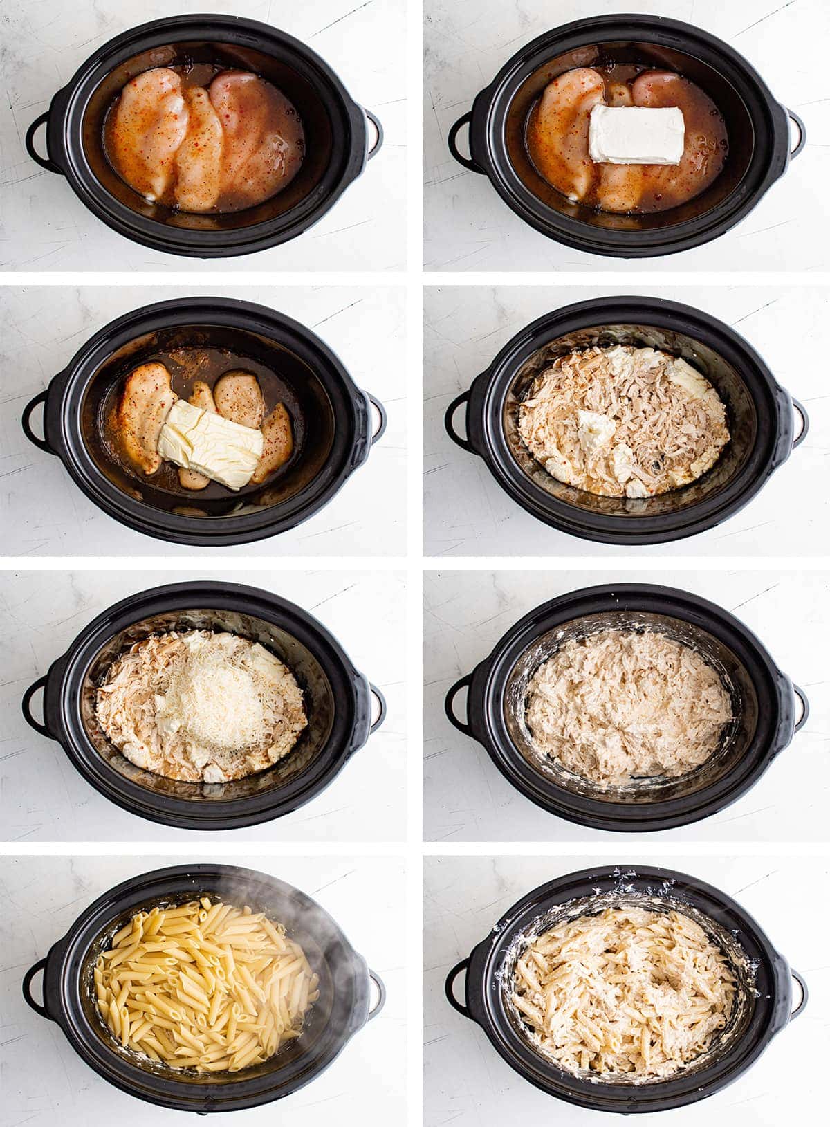 Collage of images showing how to make creamy crockpot chicken.