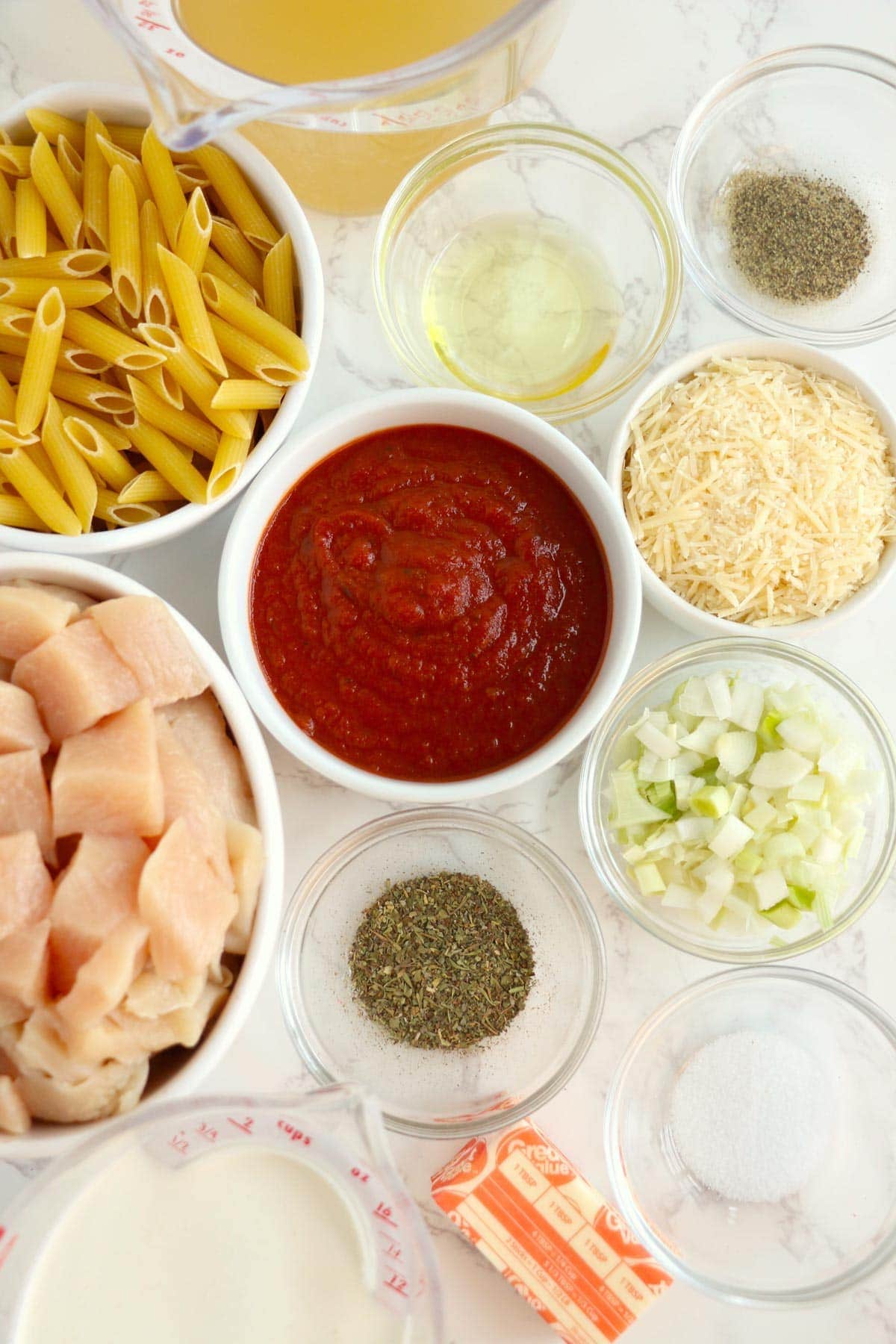 Ingredients for making creamy instant pot chicken pasta. 