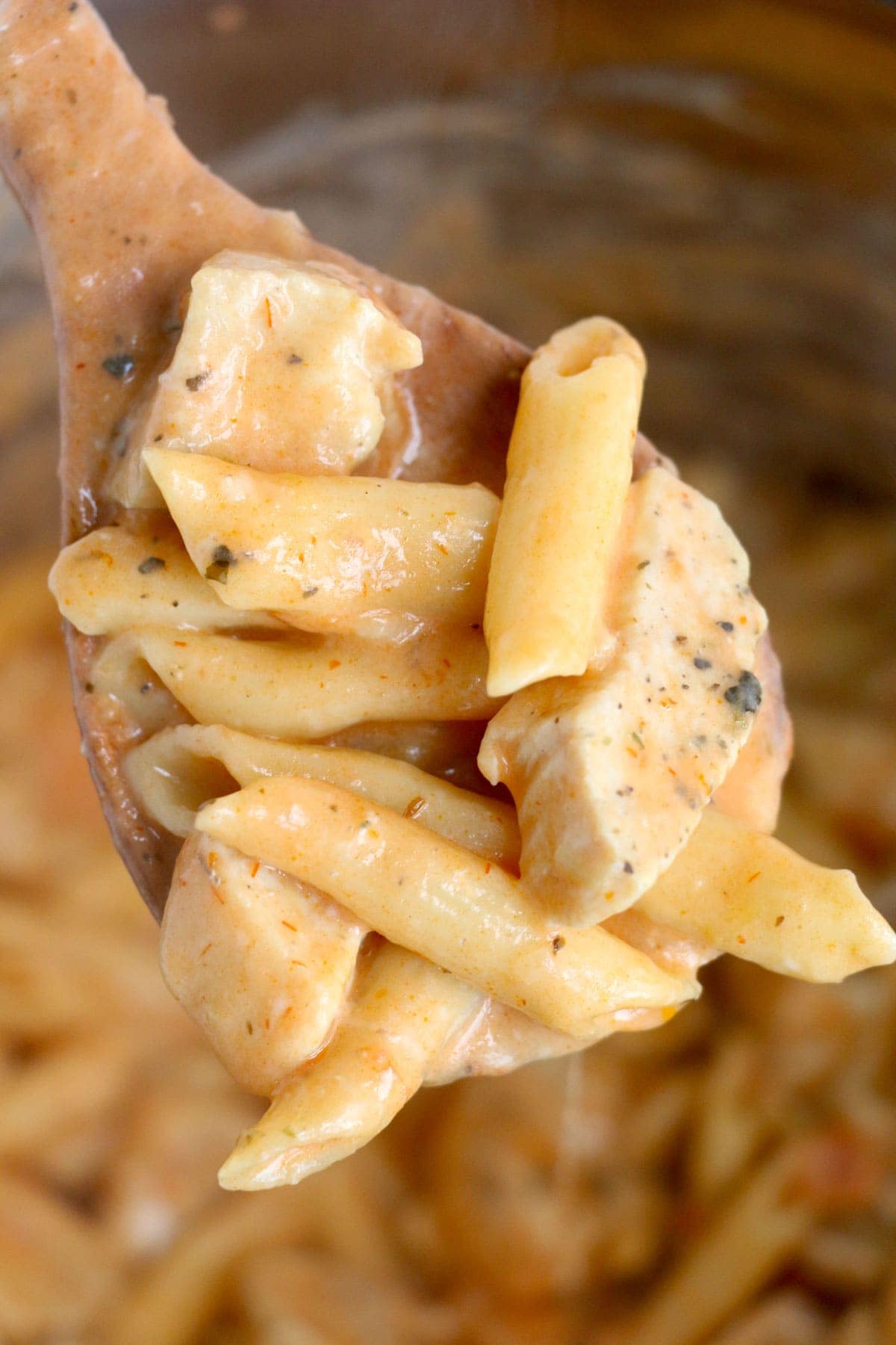 creamy pasta and chicken on a wooden spoon