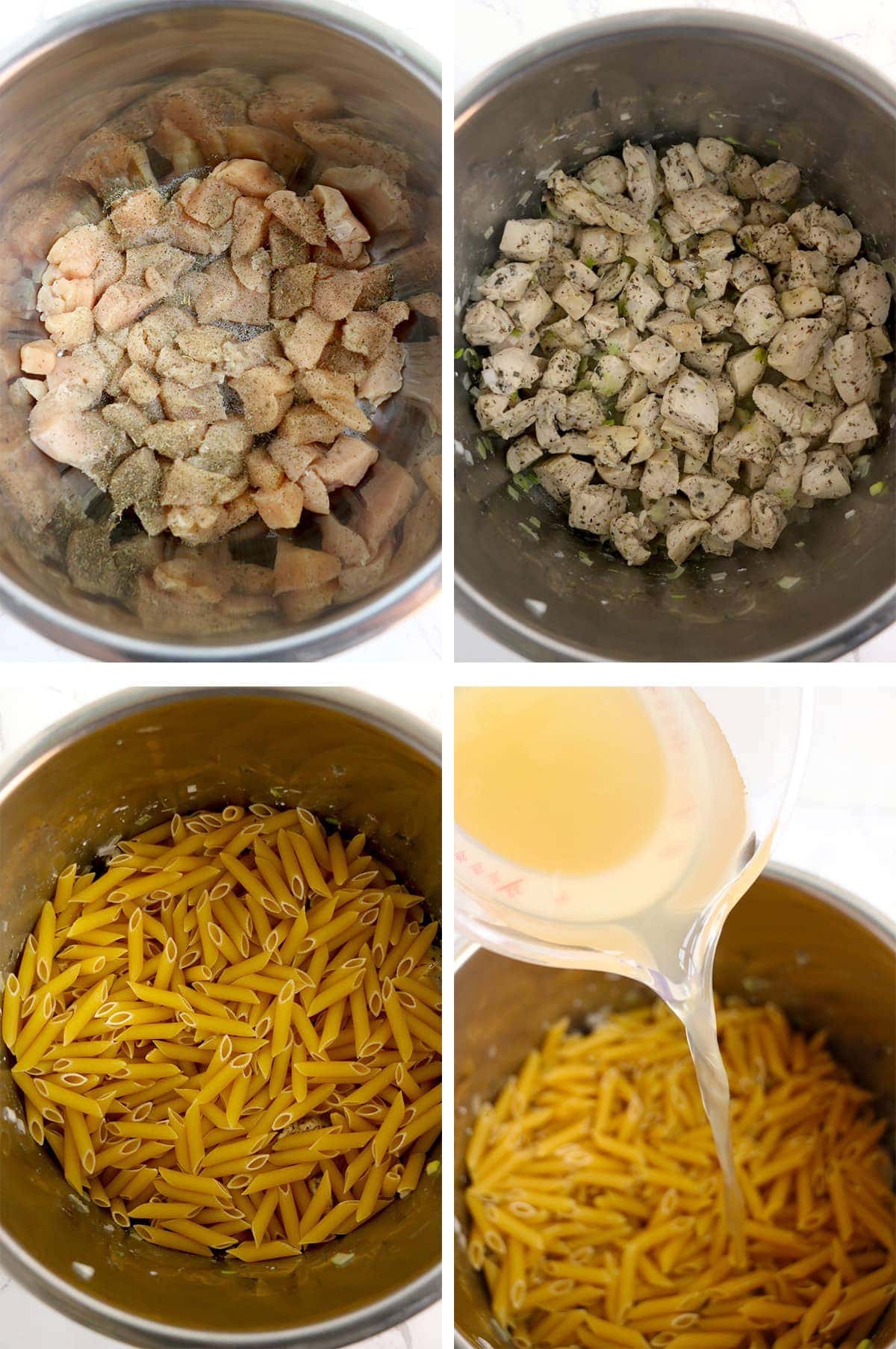 collage of images showing an instant pot with chicken cooking and pasta, then adding chicken broth.