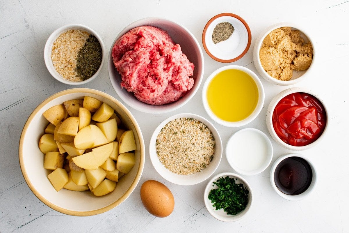 ingredients for sheet pan meatloaf and potatoes