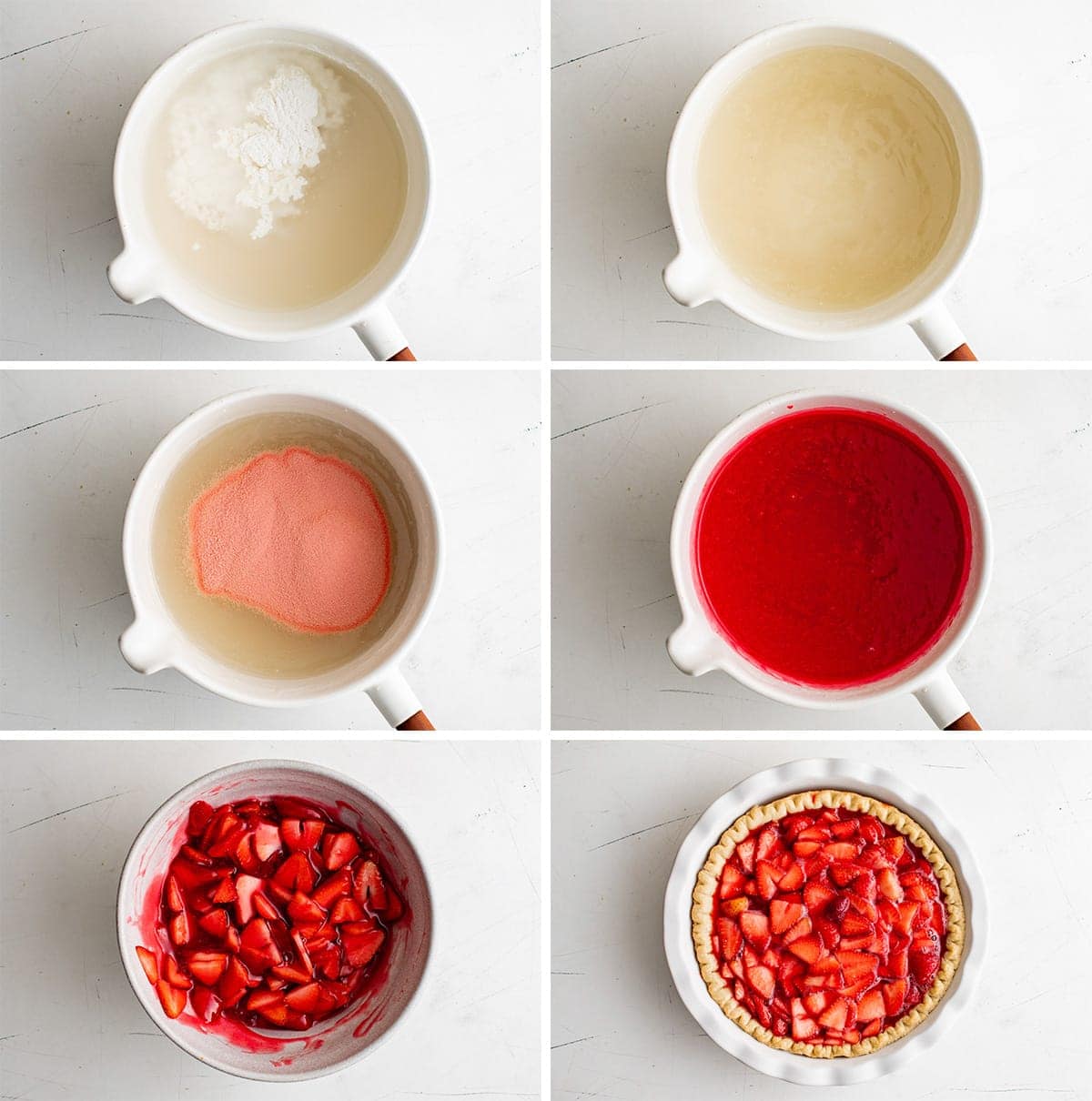 collage of images showing how to make the filling for strawberry jello pie