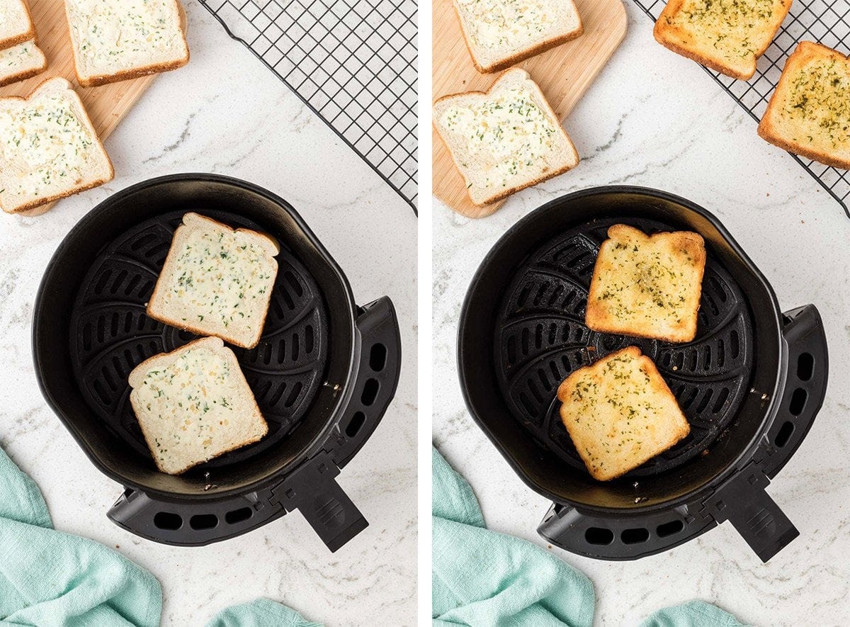collage of images with texas toast garlic bread in the air fryer. 