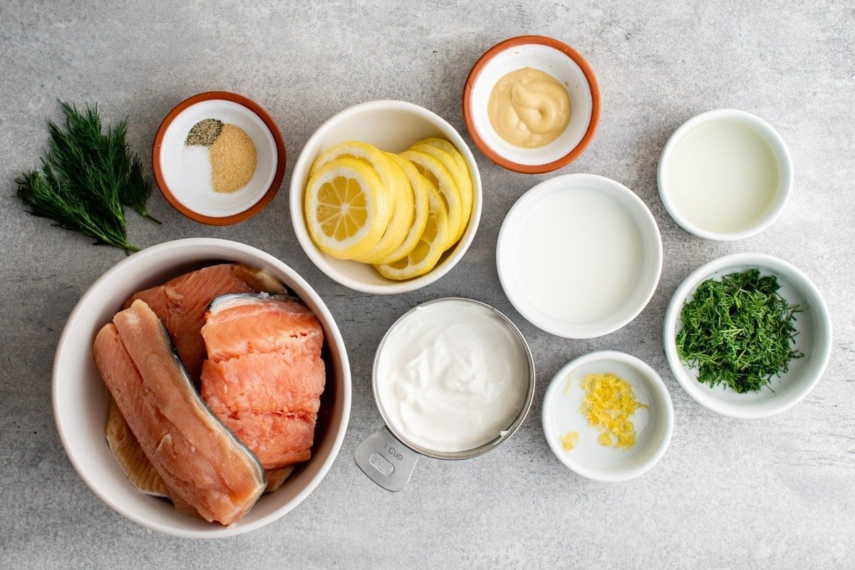 Ingredients for salmon and dill sauce.