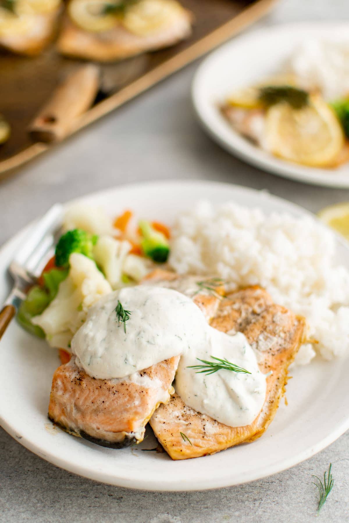 salmon and dill sauce with vegetables on a white plate.