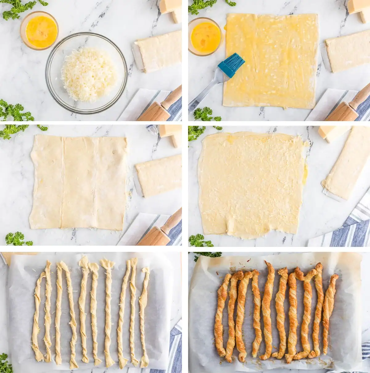 Collage of images showing the steps for making cheese straws.