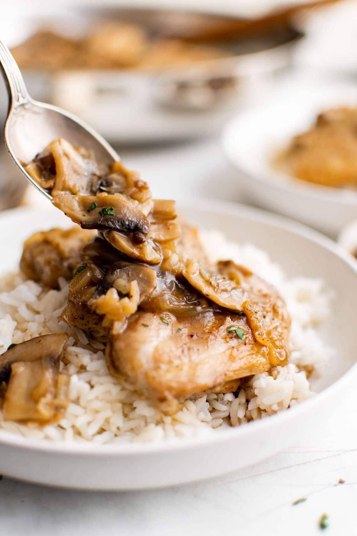 Chicken thigh on a bed of rice with a spoon and mushroom onion gravy. 