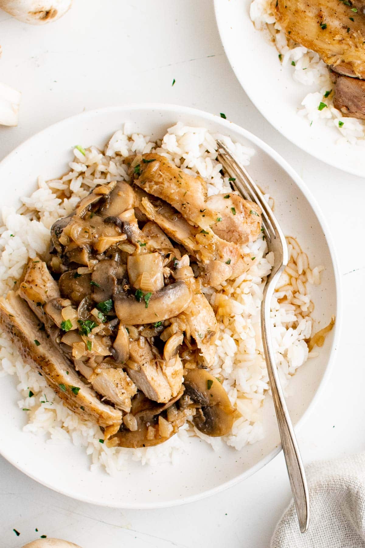 white plate, a fork, chicken and onion gravy over rice. 