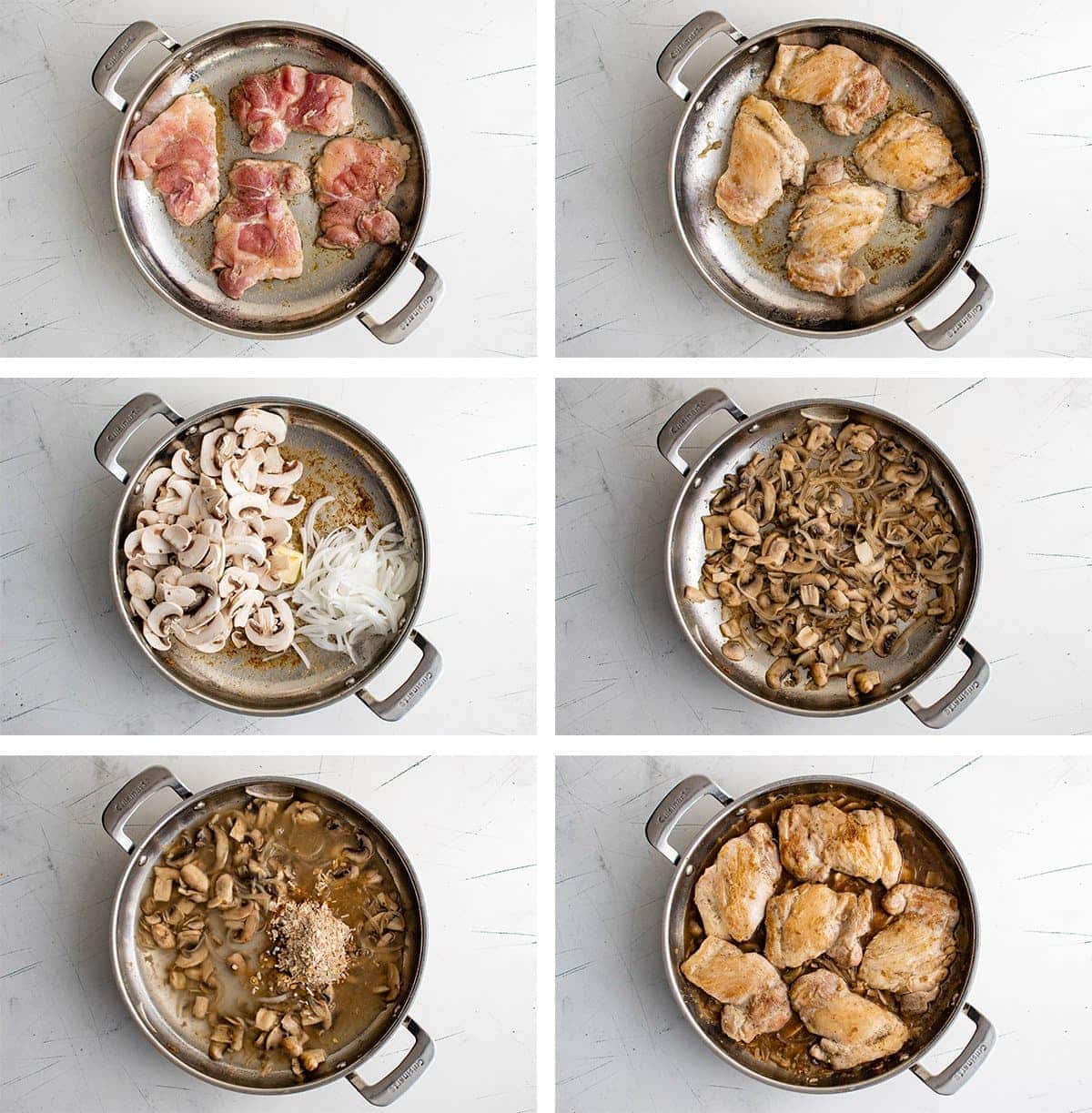 Collage of images showing how to make french onion chicken skillet. 