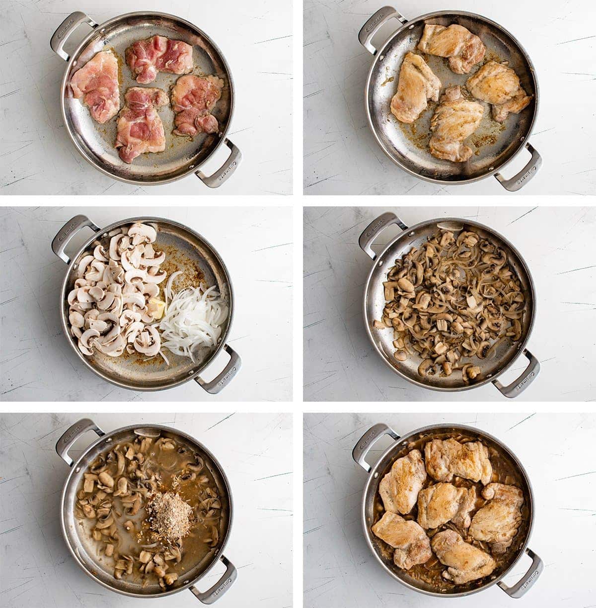 Collage of images showing how to make french onion chicken skillet.