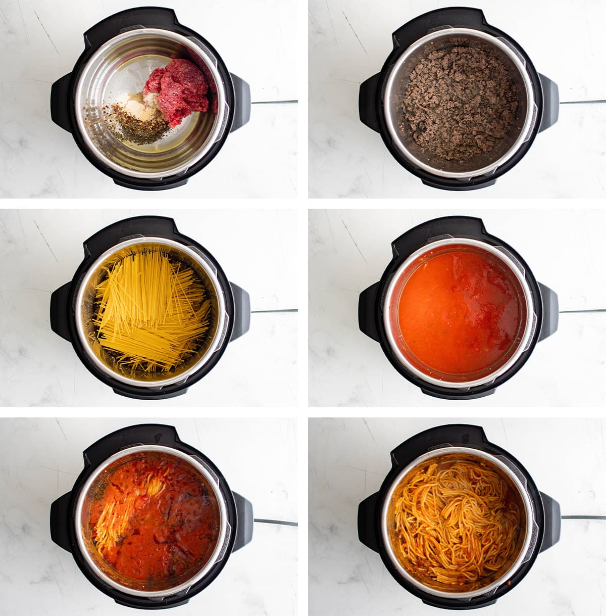 Collage of images showing how to make instant pot spaghetti. 