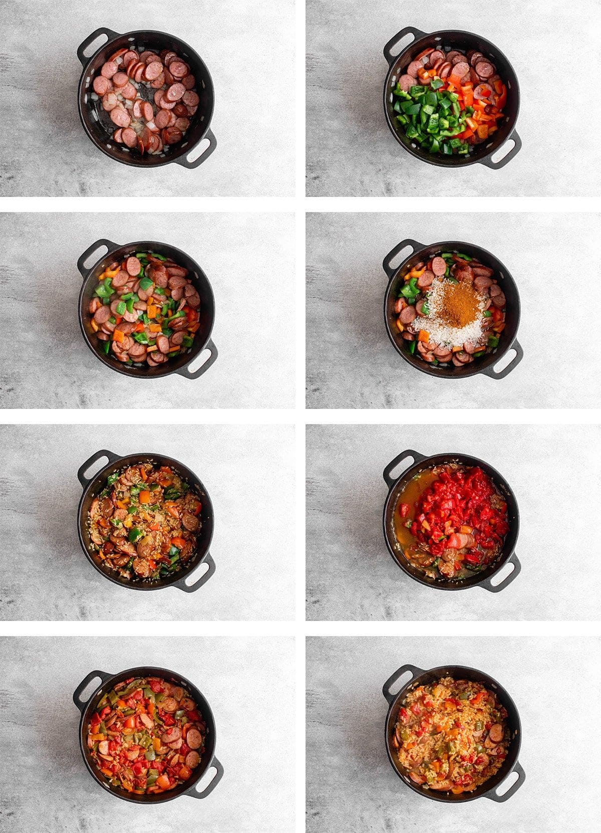 Collage of images showing the steps for making One Pot Cajun Sausage and Rice.