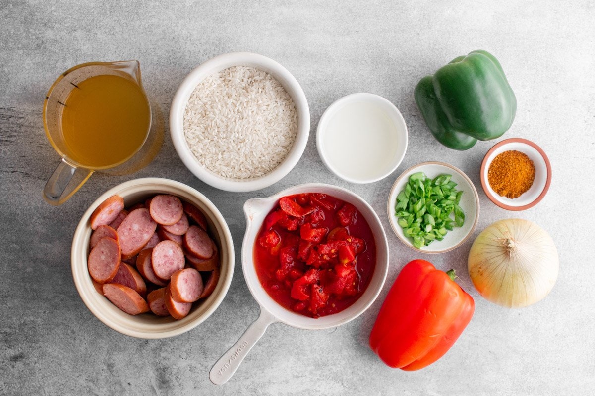 Ingredients for making Cajun sausage and rice.