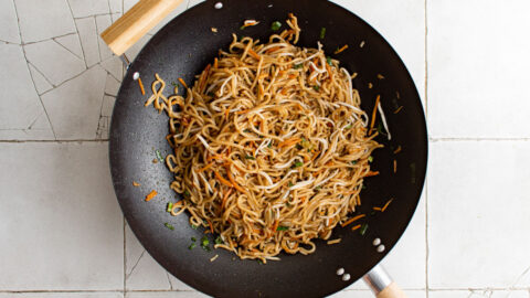 Wok with pan fried noodles.