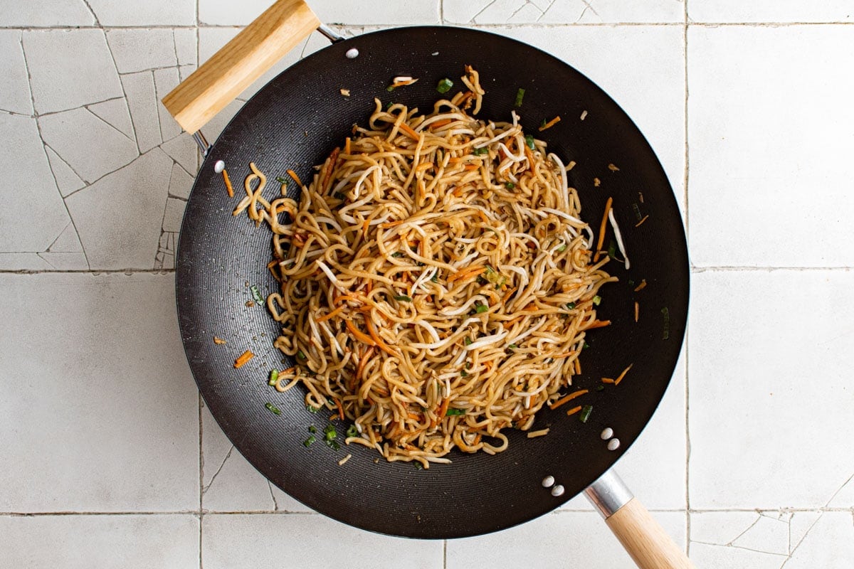 Wok with pan fried noodles.