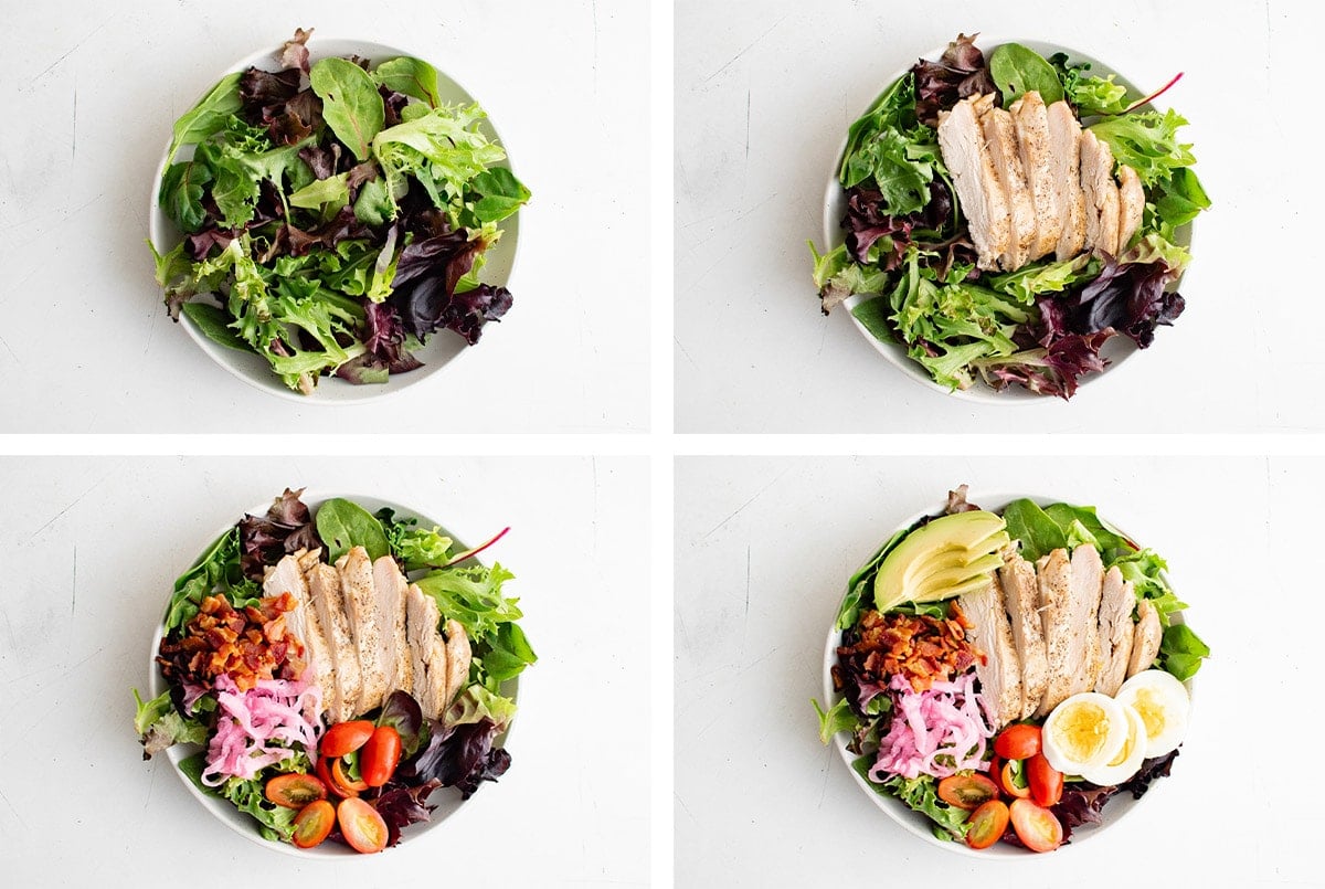 Collage of salad in a bowl and toppings for cobb salad.