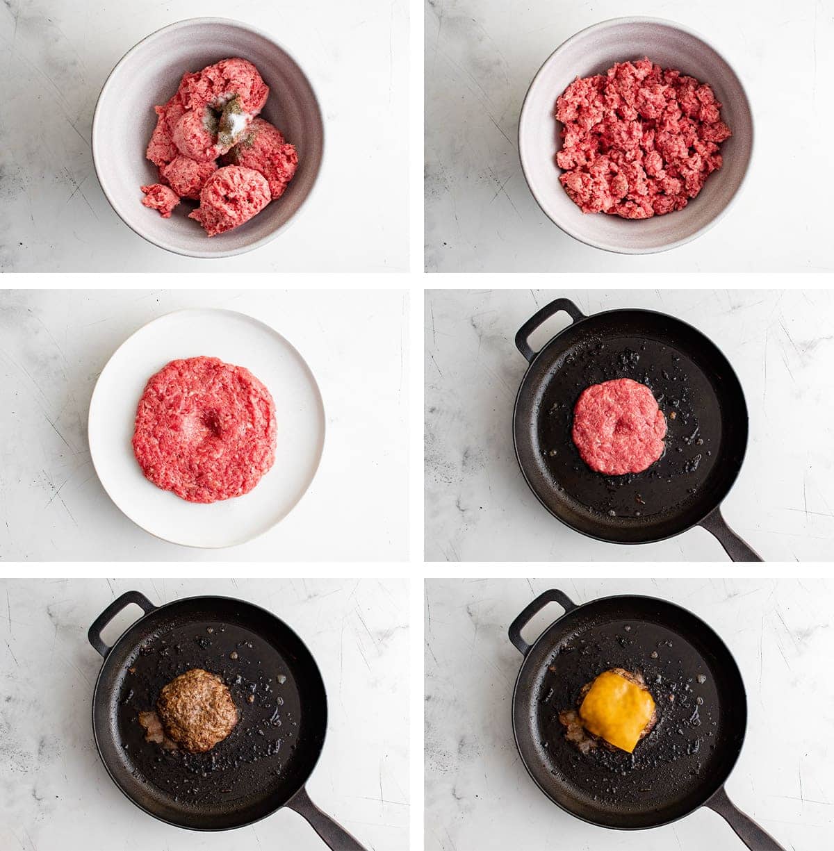Collage of images showing how to make burgers in a skillet on the stove. 