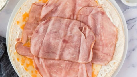 Slice ham and sliced cheese layered on a large tortilla.