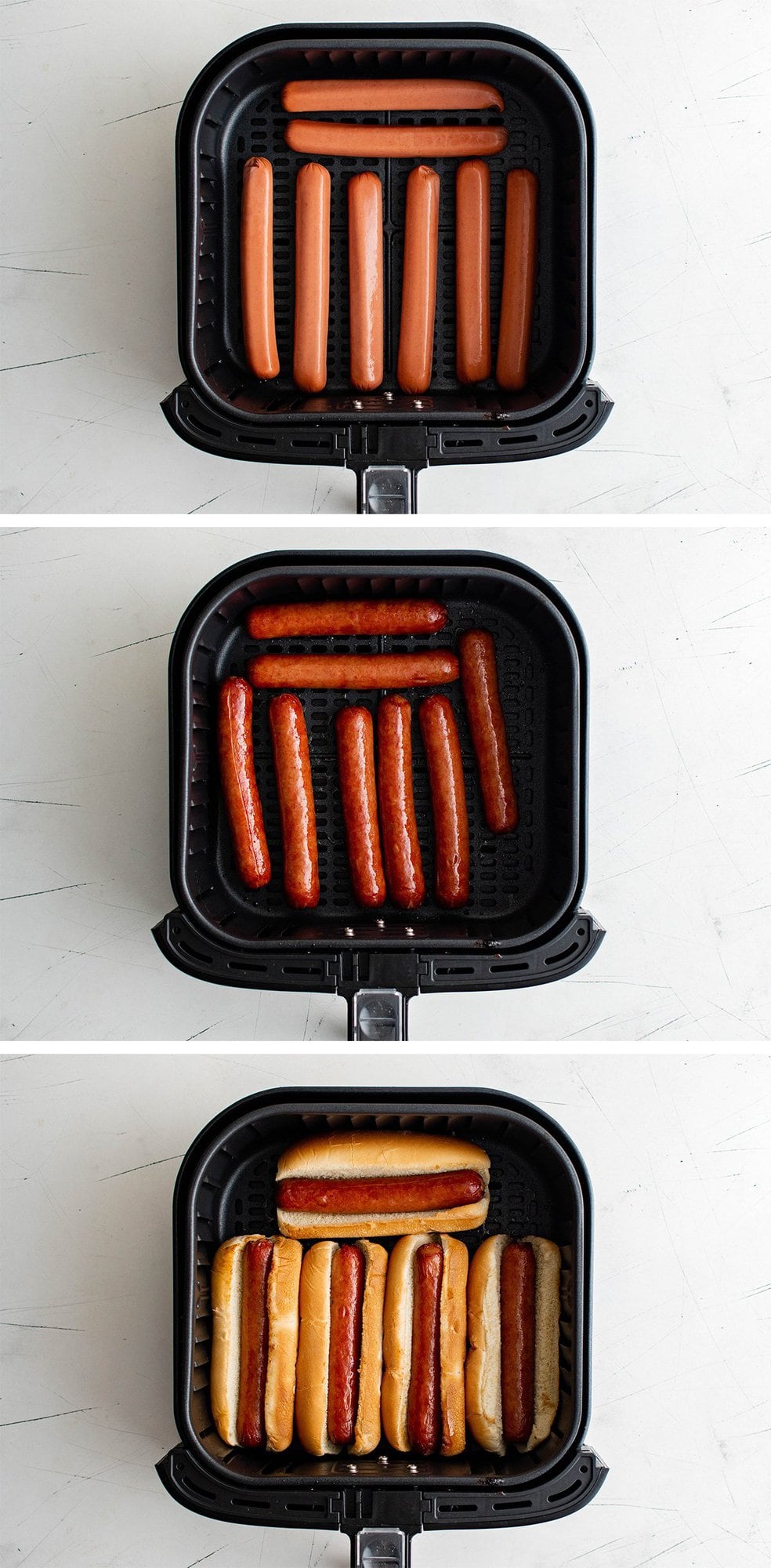 Collage of images showing how to make air fryer hot dogs.