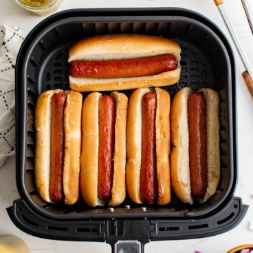 Air fryer hot dogs social media image.