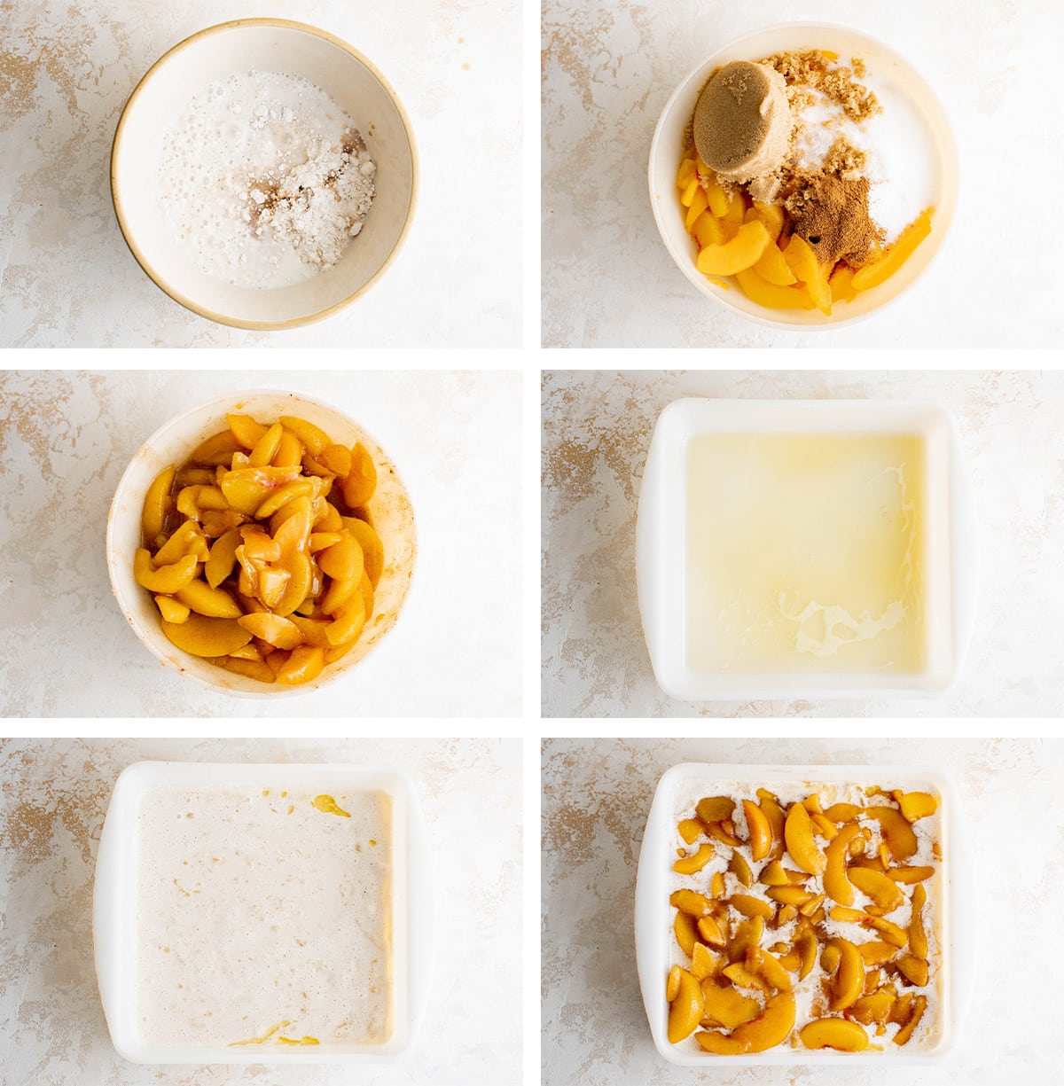 Collage of images showing how to make peach cobbler. 