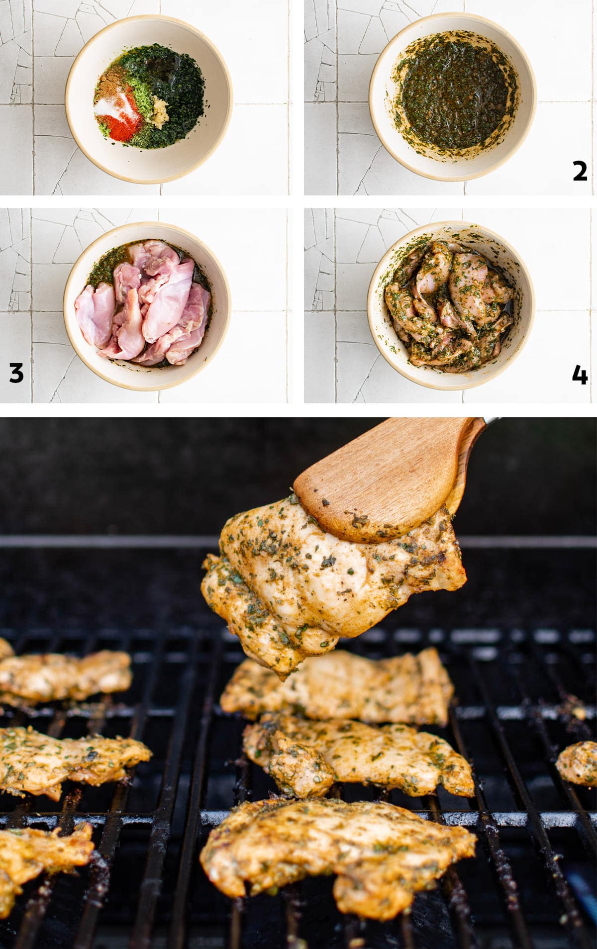 Collage of images showing how to make grilled cilantro lime chicken.
