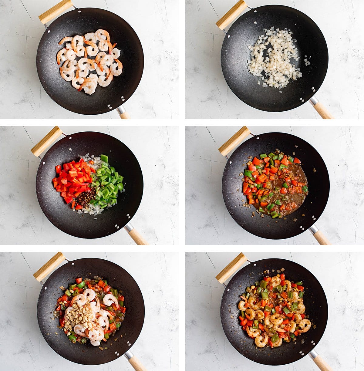 Collage of images showing how to make Kung Pao Shrimp.