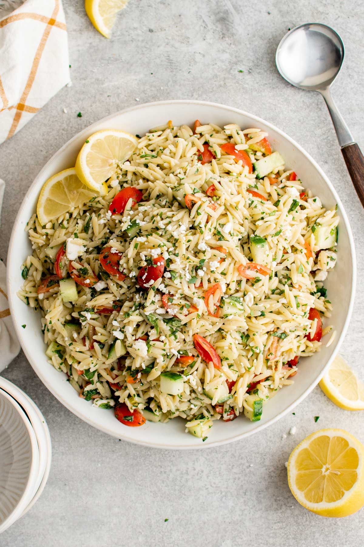 Lemon Orzo Salad on a white platter.