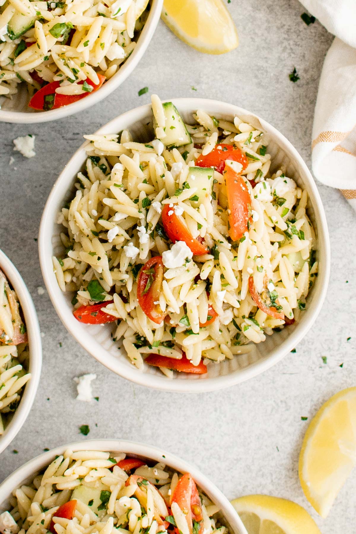 Small bowls of Orzo pasta salad. 