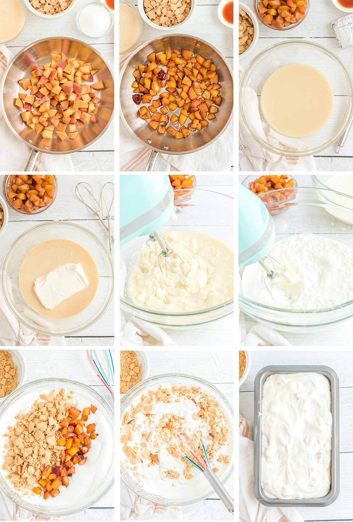 Collage of images detailing how to make Homemade Peach Ice Cream. 