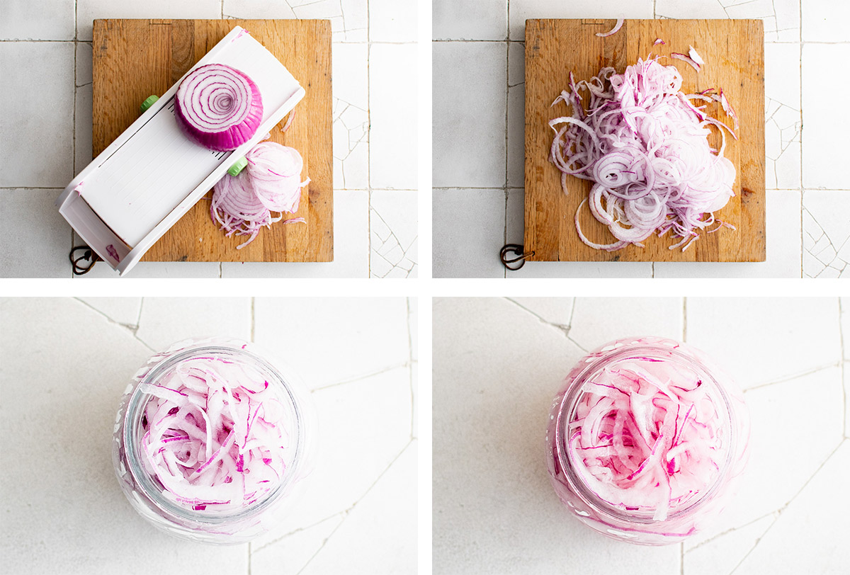 Collage of images for making pickled red onions.