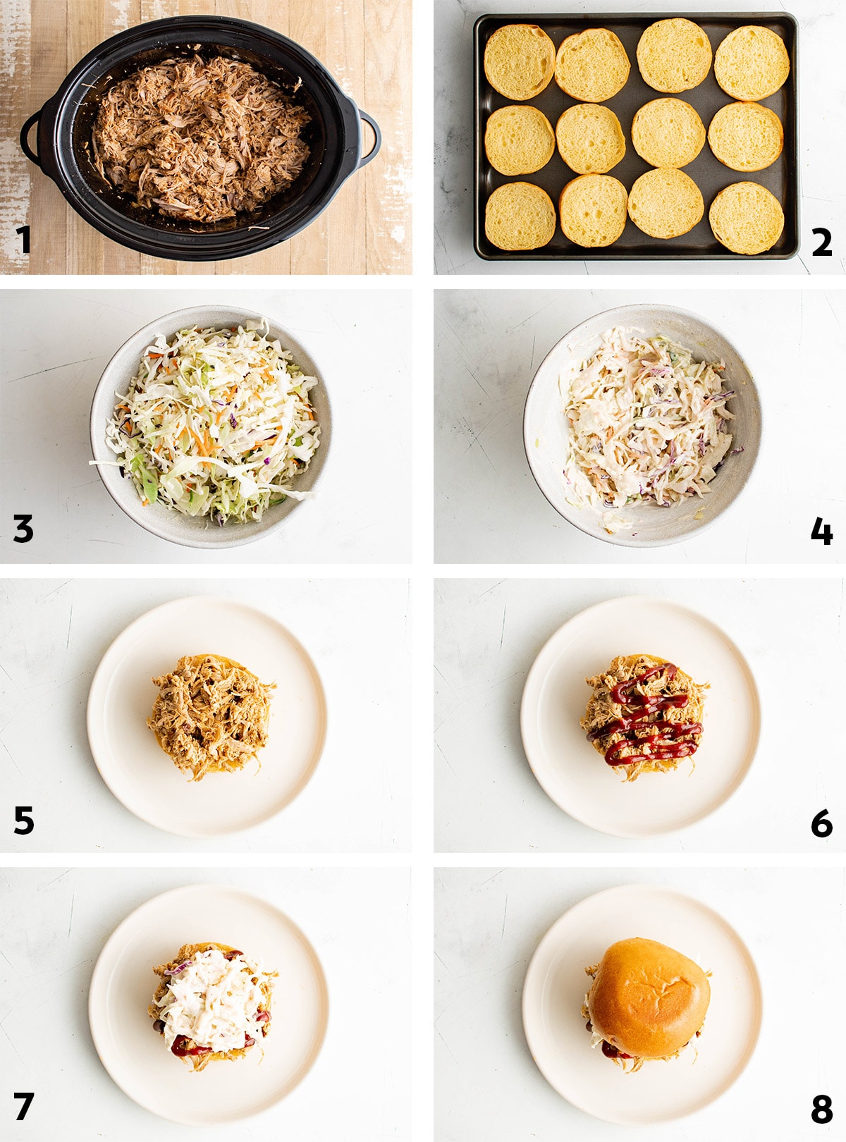 Collage of images showing the steps for making pulled pork sandwiches.